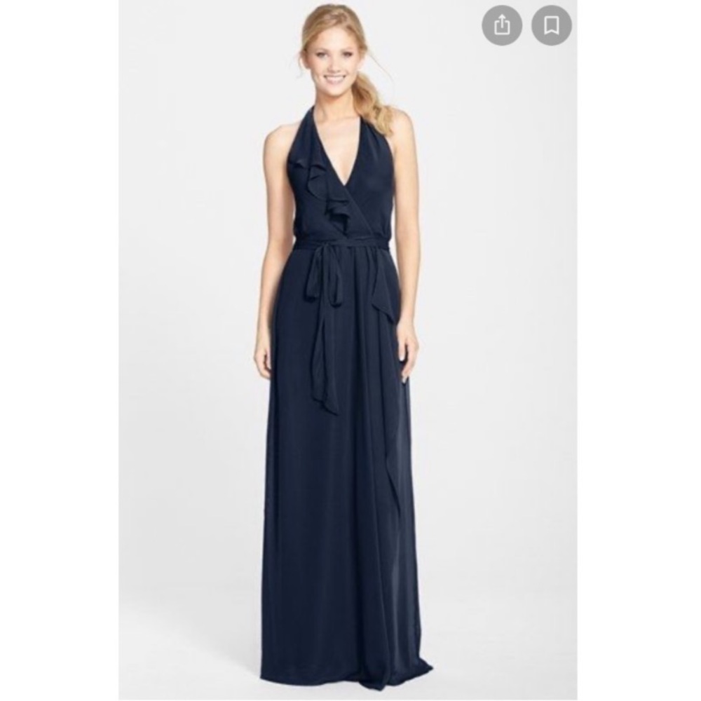 Amsale Nouvelle Erica Ruffle Chiffon Halter Neck Wrap Gown
